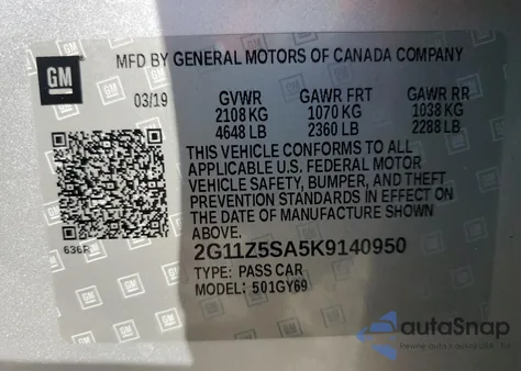 2019 Chevrolet Impala Lt z USA, uszkodzony, nr VIN 2G11Z5SA5K9140950